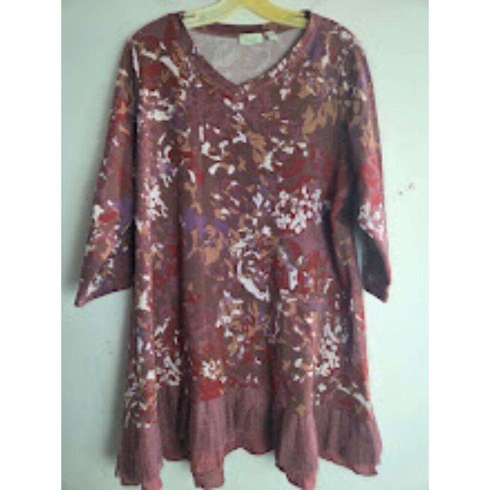 Logo Lounge Brown Purple Camo Print V-Neck Cotton Lace Bottom Blouse size 1X